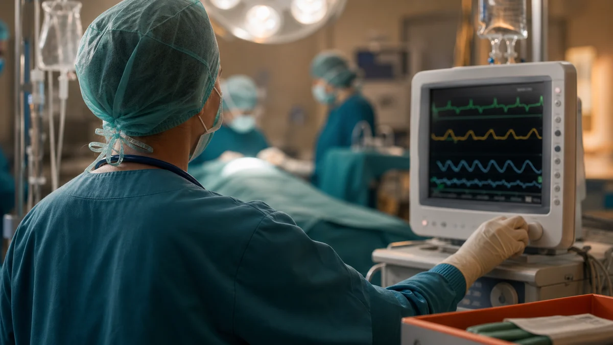 Anästhesist überwacht Vitalparameter am Monitor im OP — Symbolbild für die Doktorarbeit in der Anästhesiologie