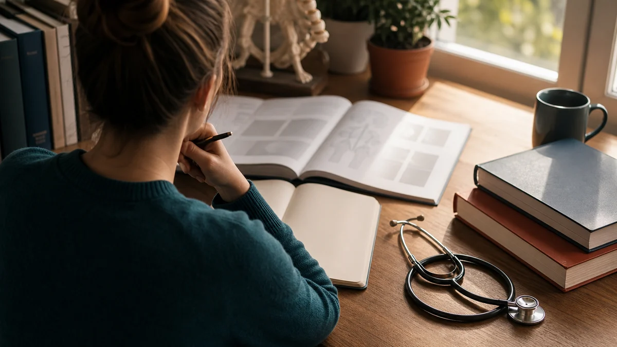 Medizinstudentin mit Stethoskop und Fachliteratur am Schreibtisch — Symbolbild für die Entscheidung zur Doktorarbeit in Medizin