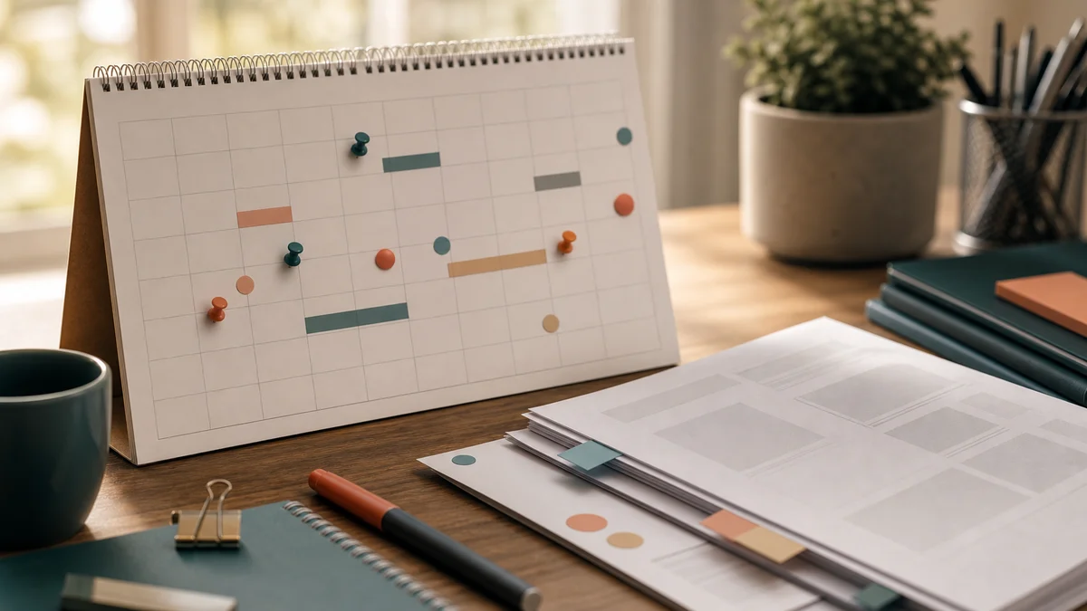 Kalender mit Projektphasen und Meilensteinen einer Doktorarbeit auf dem Schreibtisch — Symbolbild für die Dauer der medizinischen Promotion